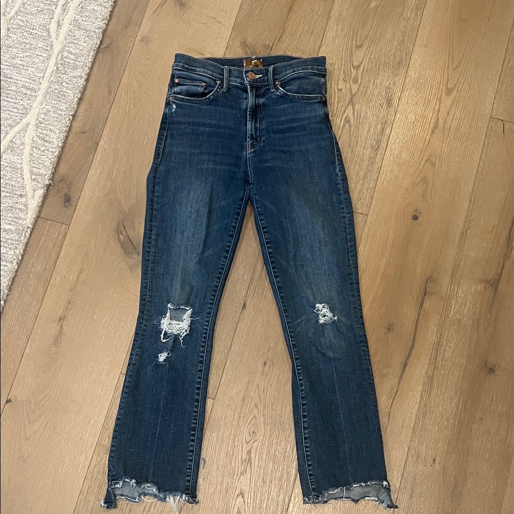 MOTHER Dark Blue Distressed Straight-Leg Jeans